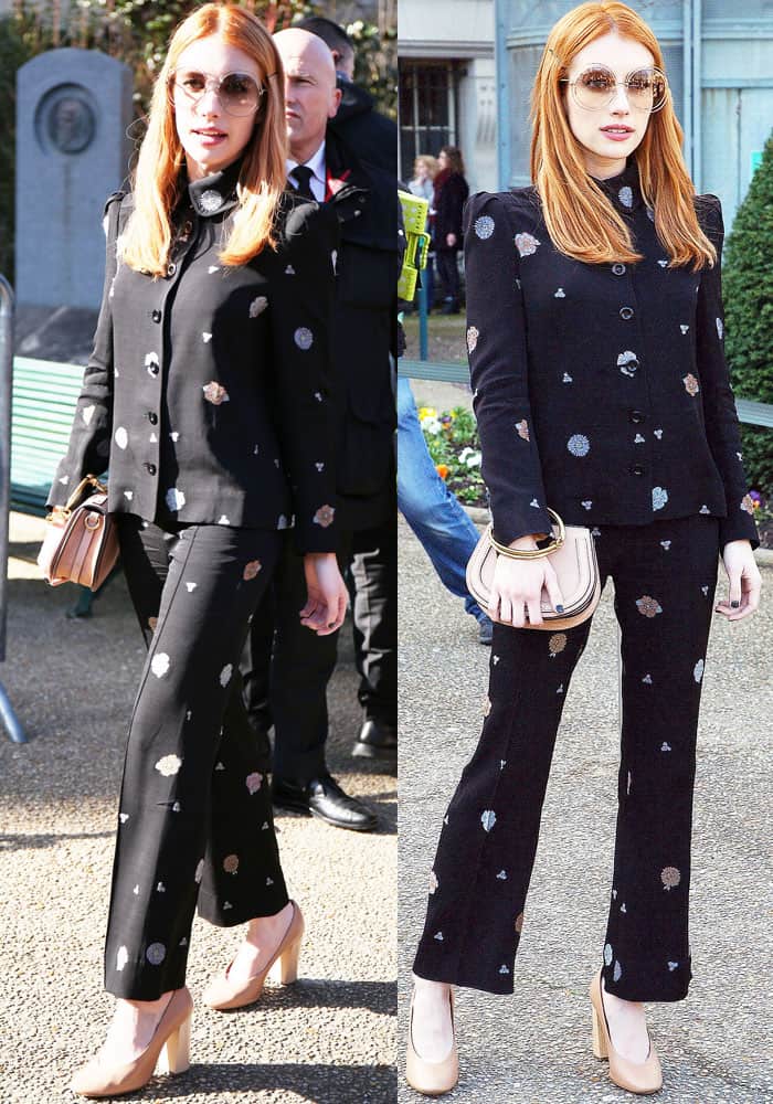 Emma Roberts exudes vintage elegance in a Chloé Pre-Fall 2017 floral suit, paired with nude Chloé "Harper" pumps and a chic "Nile" bracelet bag at Paris Fashion Week